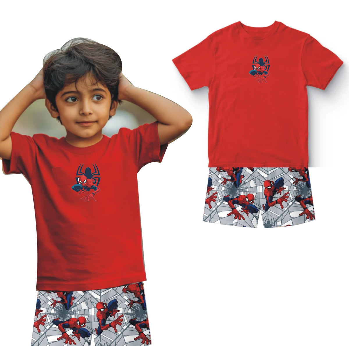 Kids Superhero Printed Cotton Tshirt with shorts
