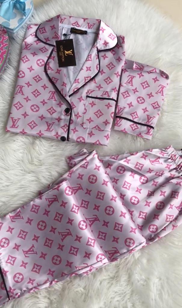 LV satin Pajama Set - Pink - IR Fashion